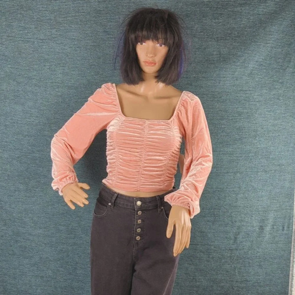 Barbie Pink Velvet Long Sleeve Ruched Crop Top, Square Neckline Juniors - Picture 5 of 13